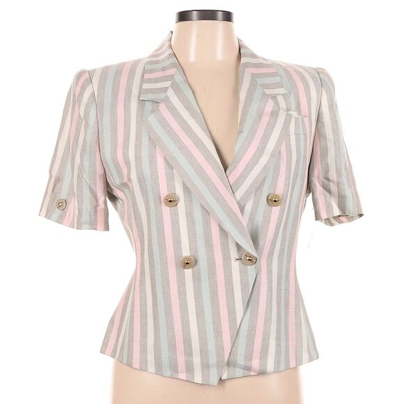 Vintage Jackets & Blazers - Vintage 90s Kasper Striped Blazer Pastel Linen Double Breasted Light Academia 6P